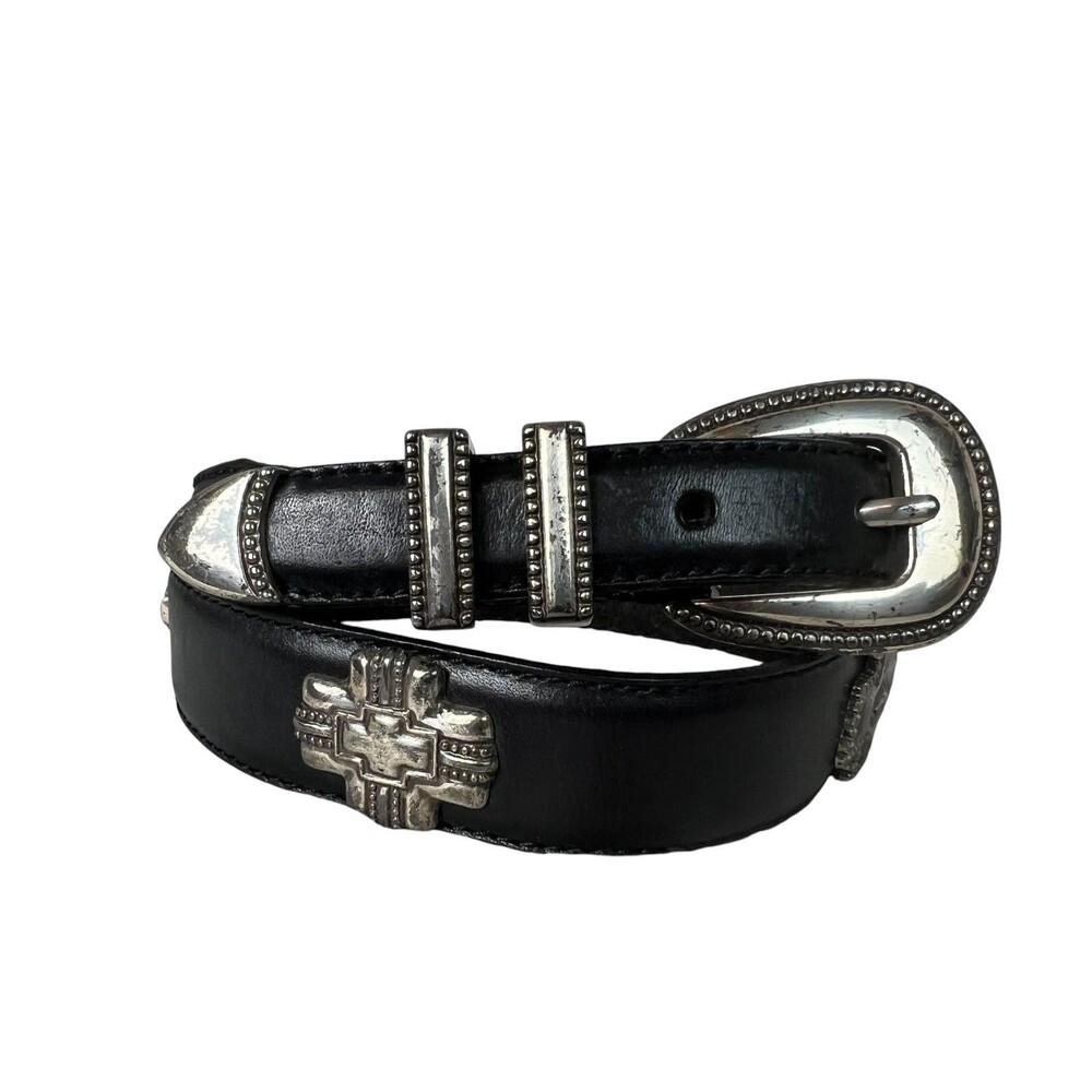 Vintage Fossil Women's Black Leather Silver-Tone Concho Charm Belt  Size M